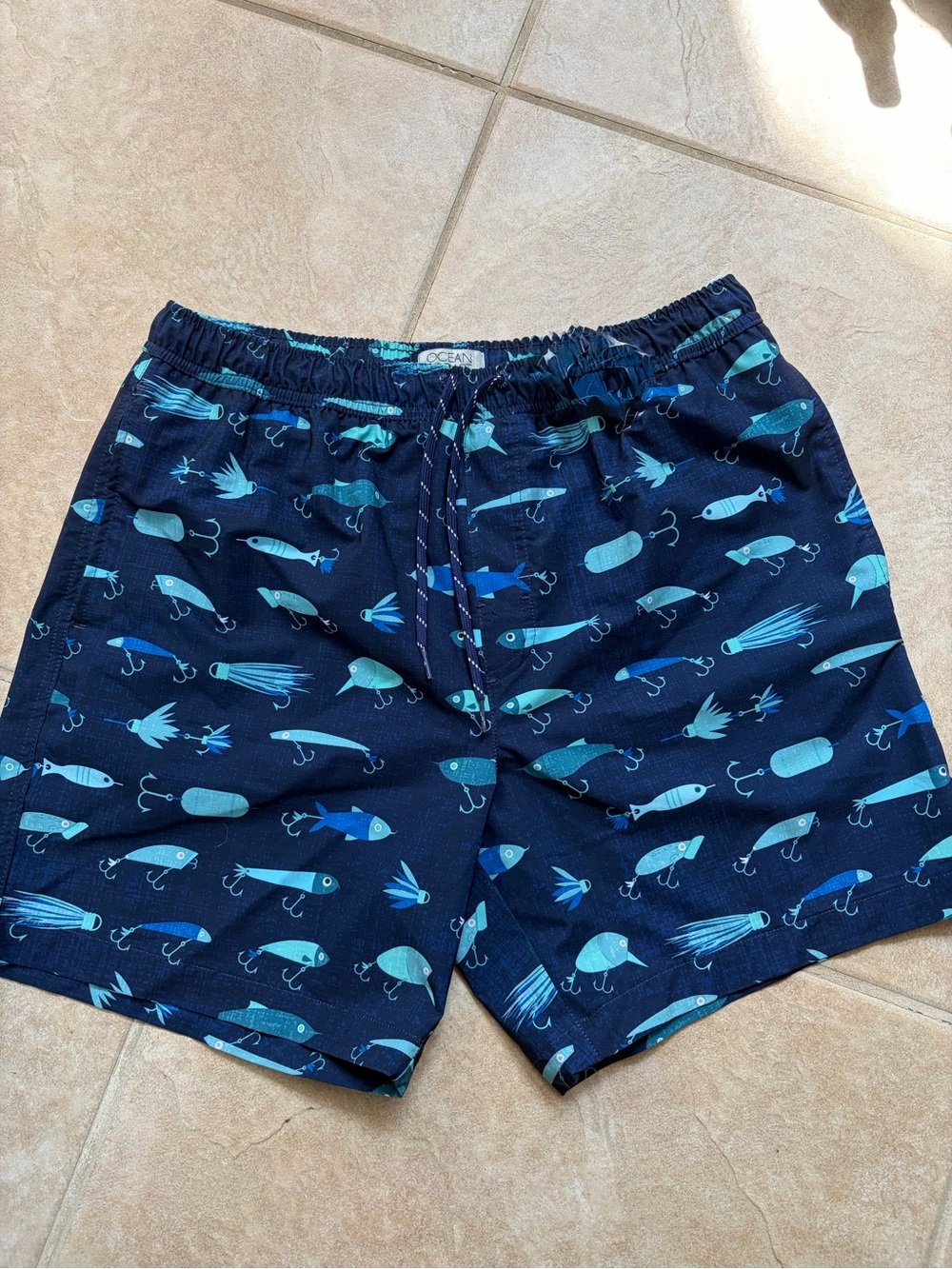 Men's Navy Swim Trunks with Aqua Fishing Lure Print - Ocean